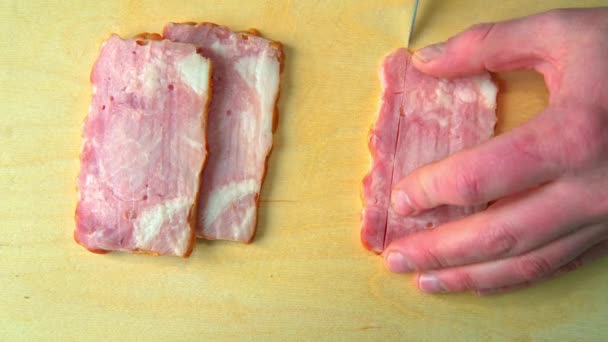 Ham sliced on a wooden Board — Stock Video