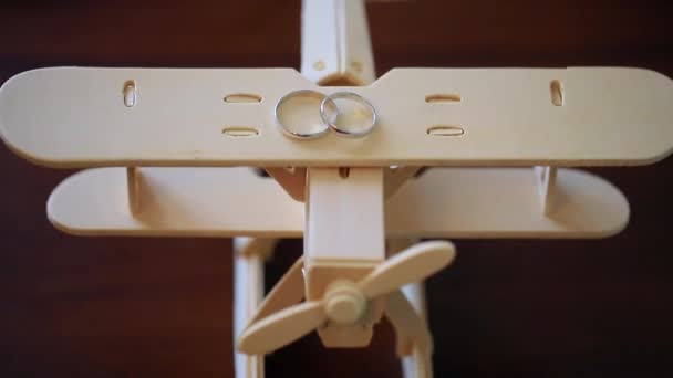 Wedding rings lie on the plane — Stock Video