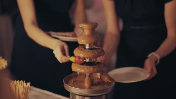 Chocolate fountain, the chocolate is poured on the fruit — Stock Video