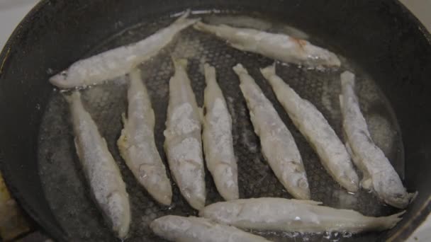Pescado frito en una sartén. Derrita. S-log — Vídeo de stock