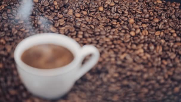 Beker met warme koffie op geroosterde koffiebonen. Slow motion — Stockvideo