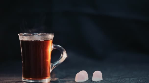 A sötét háttér átlátszó csésze tea. Lassú mozgás — Stock videók