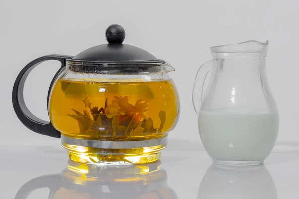 Chinese groene thee die Bud in een glazen theepot bloeit. Karaf met melk — Stockfoto