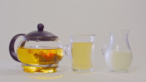 thé vert dans une théière en verre, le thé dans une tasse transparente et une cruche de lait 