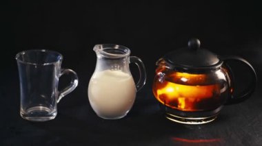 bir cam çaydanlık, şeffaf bir fincan ve sütü küçük bir şişe içinde çay çay