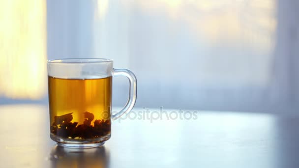 Une tasse de thé chaud fumant sur la table contre la fenêtre . — Video