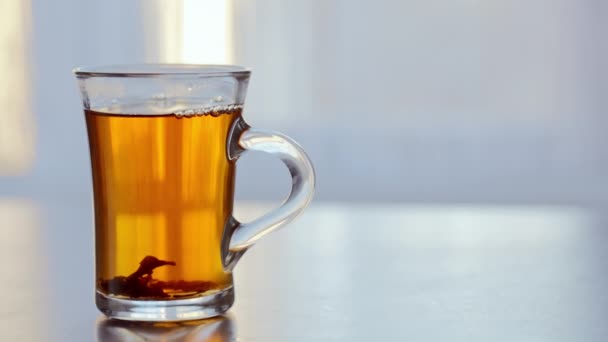 Una taza de té caliente al vapor en la mesa contra la ventana . — Vídeo de stock