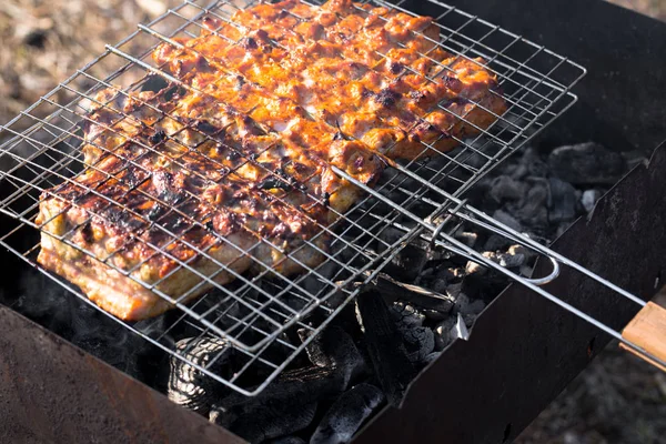 Grillen, Fleisch auf Kohlen gebraten — Stockfoto