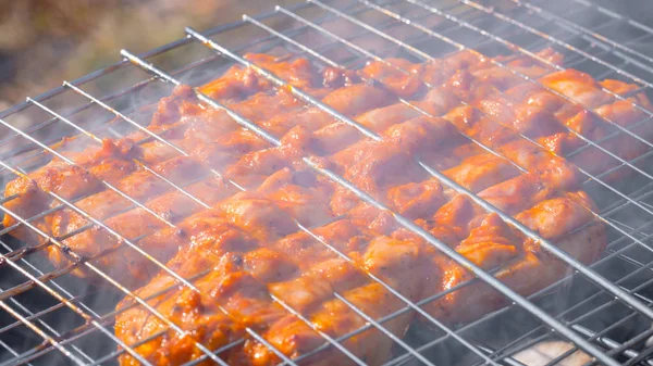 O frango é frito na grelha na grelha — Fotografia de Stock