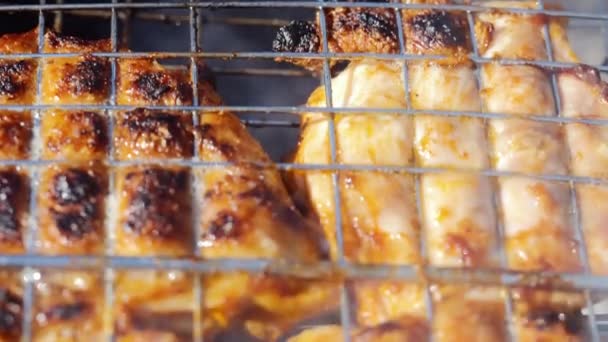 Kippenvlees op de barbecue grill. Dolly schot — Stockvideo