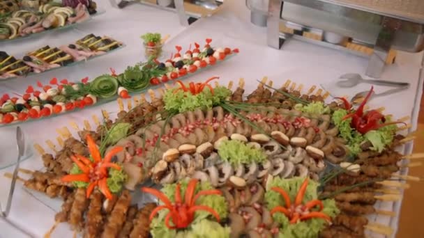 Buffet, snacks et salades dans les assiettes — Video