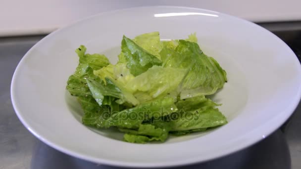 Chef préparant une salade. Étaler les tomates, l'oignon tombe. — Video