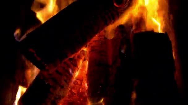 Fuego: leña ardiente y brasas ardientes — Vídeos de Stock
