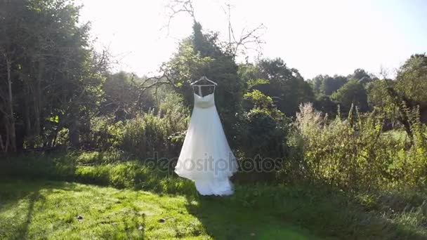 Wedding dress hanging on the tree — Stock Video