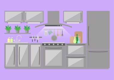 Mutfak mobilya ve mutfak eşyaları. Düz stil vektör çizim.