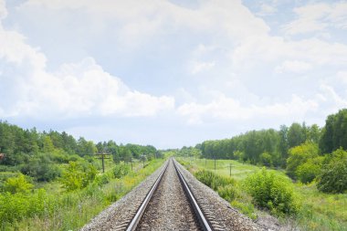 Yaz yeşil alanları ile bir demiryolu. Güzel yeşil demiryolu ağacı manzara gökyüzü bulutları. Güzel manzara. Demiryolu taşımacılığı.