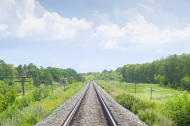 Yaz yeşil alanları ile bir demiryolu. Güzel yeşil demiryolu ağacı manzara gökyüzü bulutları. Güzel manzara. Demiryolu taşımacılığı.