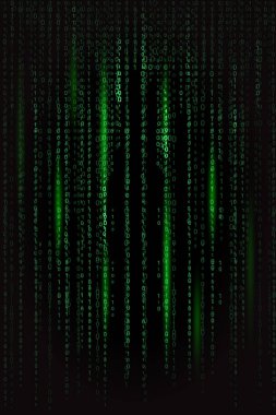 Siyah arkaplan dokusu üzerinde açık yeşil renklerle matris biçiminde koyu yeşil ikili kod. Tasarım için arkaplan, programlama kavramı, hack programları, korsanlık, teknoloji, internet dikey