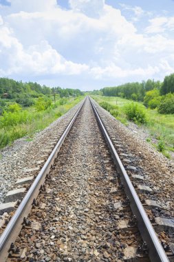 Yaz yeşil alanları ile bir demiryolu. Güzel yeşil demiryolu ağacı manzara gökyüzü. Güzel manzara. Demiryolu taşımacılığı. Dikey fotoğraf