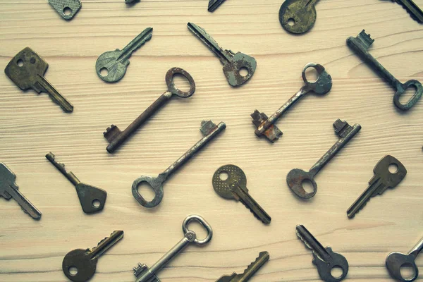 Draufsicht Auf Viele Alte Rostige Schlüsselhintergründe Viele Schlüssel Zugang Sicherheit — Stockfoto