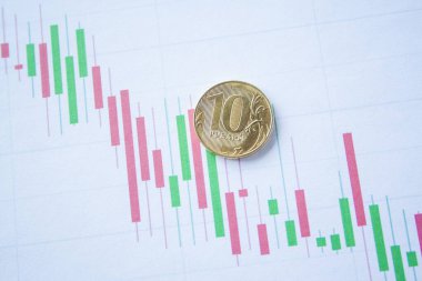Döviz grafiğinde on rublelik para. Döviz kuru çizelgesi. Ruble değer kaybı. Karşılıklı düşüş oranı. Dolara dönüş