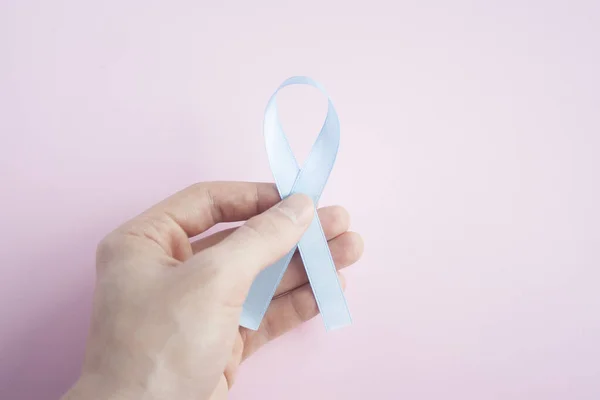 November Prostate Cancer Awareness Month Man Hand Holding Blue Ribbon — Stock Photo, Image