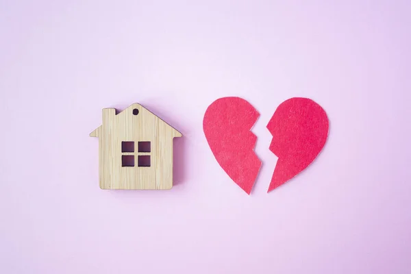 Divorce Division Property Poverty Money Concept Wooden House Broken Heart — Stock Photo, Image