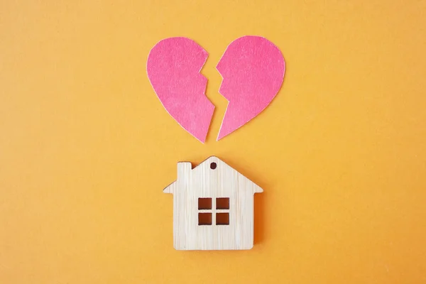 Divorce Division Property Poverty Money Concept Wooden House Broken Heart — Stock Photo, Image