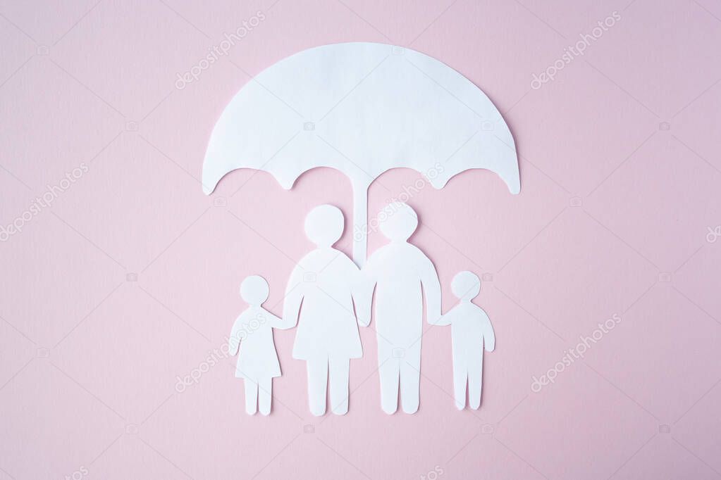 Concept of Social Protection Family. Paper cut Family Under Umbrella on bright pink background. Life insurance, family protection