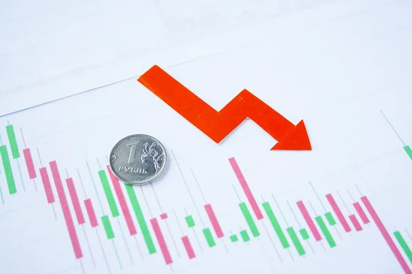 Uma Moeda Rublo Gráfico Moeda Com Seta Vermelha Para Baixo — Fotografia de Stock