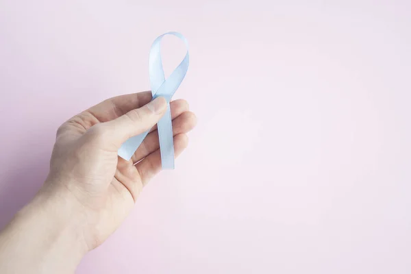 November Prostate Cancer Awareness Month Man Hand Holding Blue Ribbon — Stock Photo, Image
