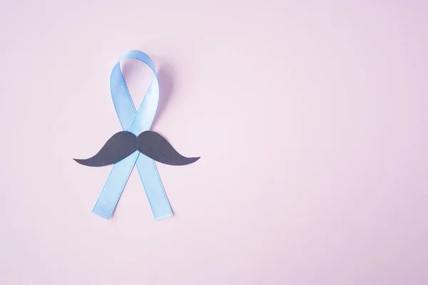 Prostate Cancer Awareness Light Blue Ribbon Mustache Pink Background Support — Stock Photo, Image