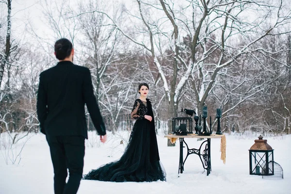 unusual wedding couple in the forest