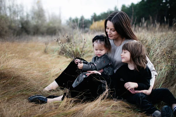 Close up portrait of woman with daughter and son on dry grass field. wheat field. family look. cute happy family — Stock Photo, Image