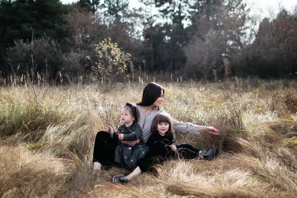 Frau mit Tochter und Sohn auf trockener Wiese. Weizenfeld. Familienlook. niedliche glückliche Familie — Stockfoto