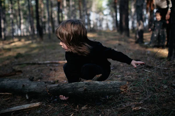 Kid Boy está tratando de levantar un tronco en el fondo del bosque de otoño —  Fotos de Stock