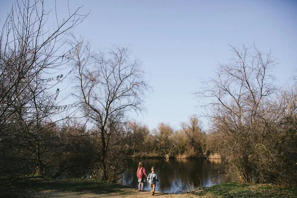 Маленькі діти дівчинка і хлопчик дивляться на воду на березі річки на заході сонця. Сімейний час разом . — стокове фото