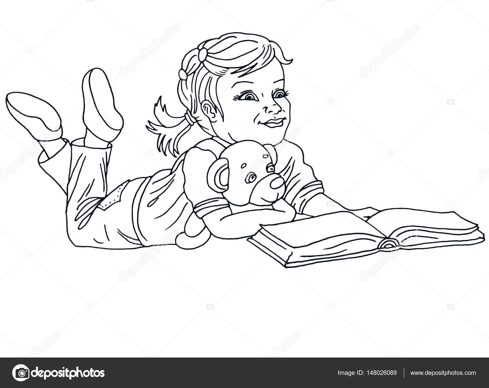 Della bambina che legge un libro sdraiato sul pavimento che abbraccia un orsacchiotto — Foto di ronni buu gmail