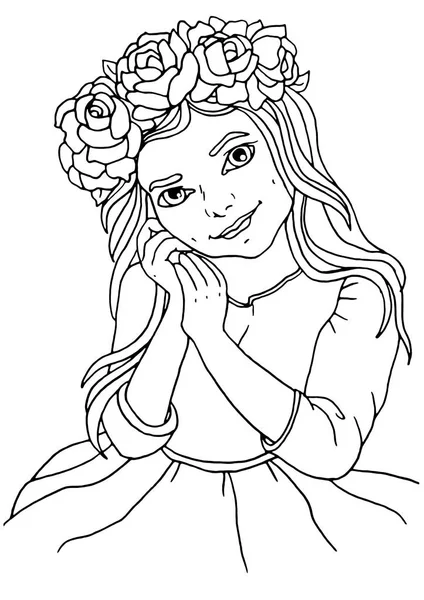 Meisje met een krans van bloemen. Doodle inkt Contour — Stockfoto