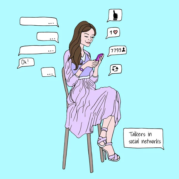 La chica está sentada en una silla y leyendo los mensajes por teléfono. Cajas de diálogo, redes sociales, comunicación — Vector de stock