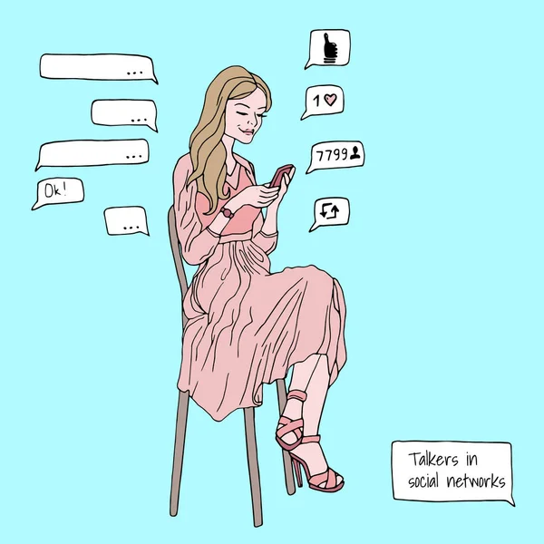 La chica está sentada en una silla y leyendo los mensajes por teléfono. Cajas de diálogo, redes sociales, comunicación — Vector de stock