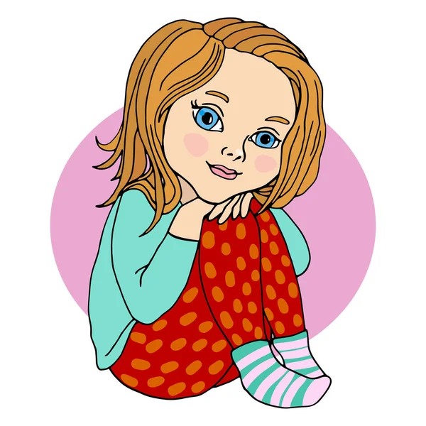 Babymeisje zitten, knuffelen van haar benen, een peuter, een heldere kleur. Vector tekening — Stockvector