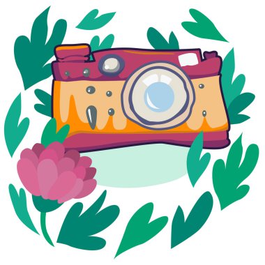 Çiçekli ve bitkili kamera. Vektör illüstrasyonu