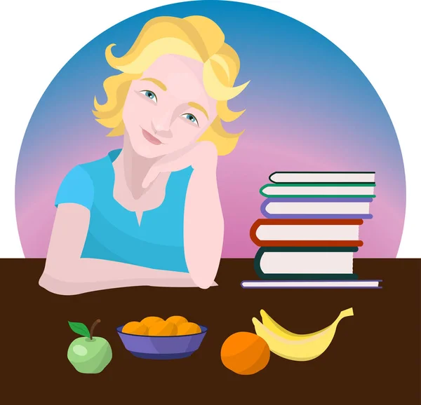 Fille assise à table avec des livres et des fruits. Illustration vectorielle — Image vectorielle