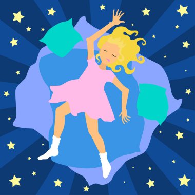 Blonde girl laying on the blue blanket. Vector illustration clipart