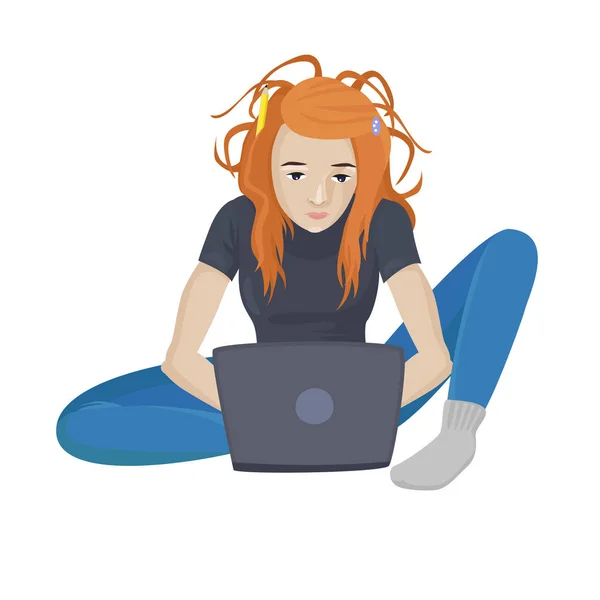 Chica freelancer trabaja en notebook. Ilustración vectorial — Vector de stock