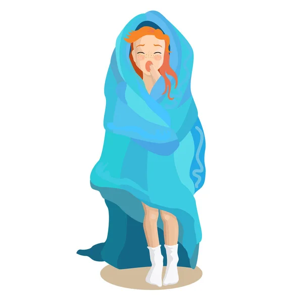 Ragazza assonnata in piedi in coperta blu e sbadigliare. Illustrazione vettoriale — Vettoriale Stock