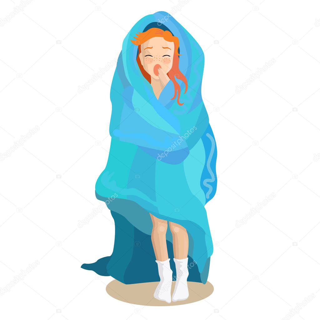 Sleepy girl standing in blue blanket and yawn. Vector illustration