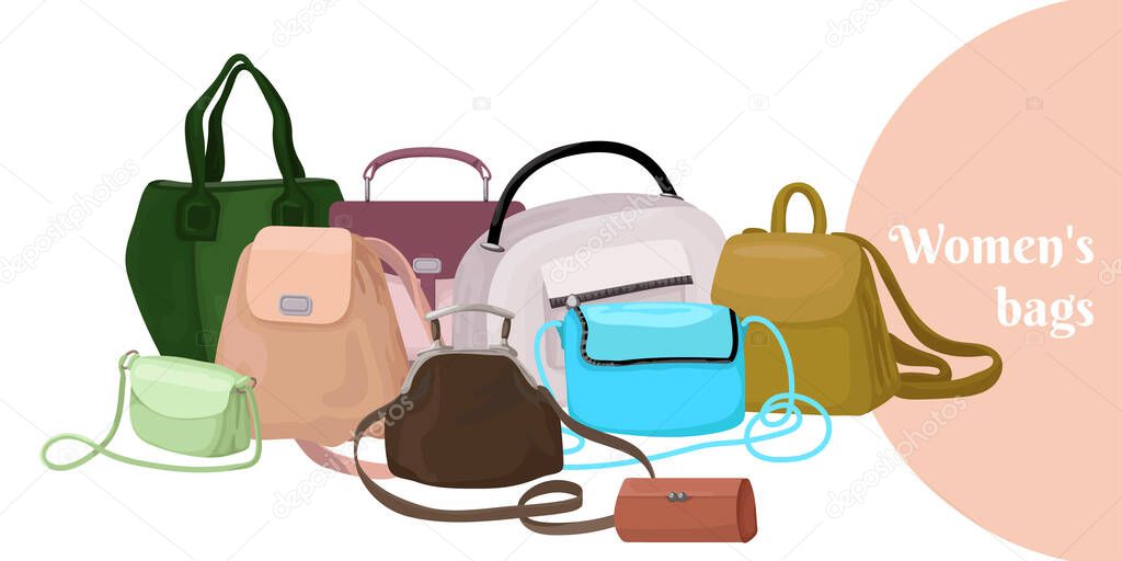 Set of stylish women handbags. Trendy leather accessories of different types isolated on white background. Colorful vector illustration.