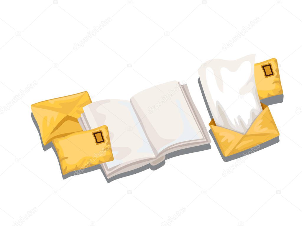 Workplace, envelopes and mail on a table, open letters and parcels with the book